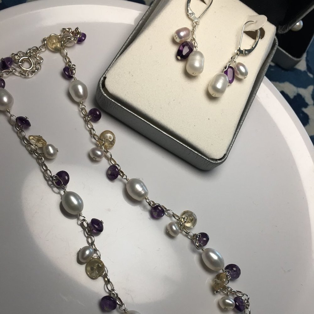 fresh water pearl and amethyst earring necklace se